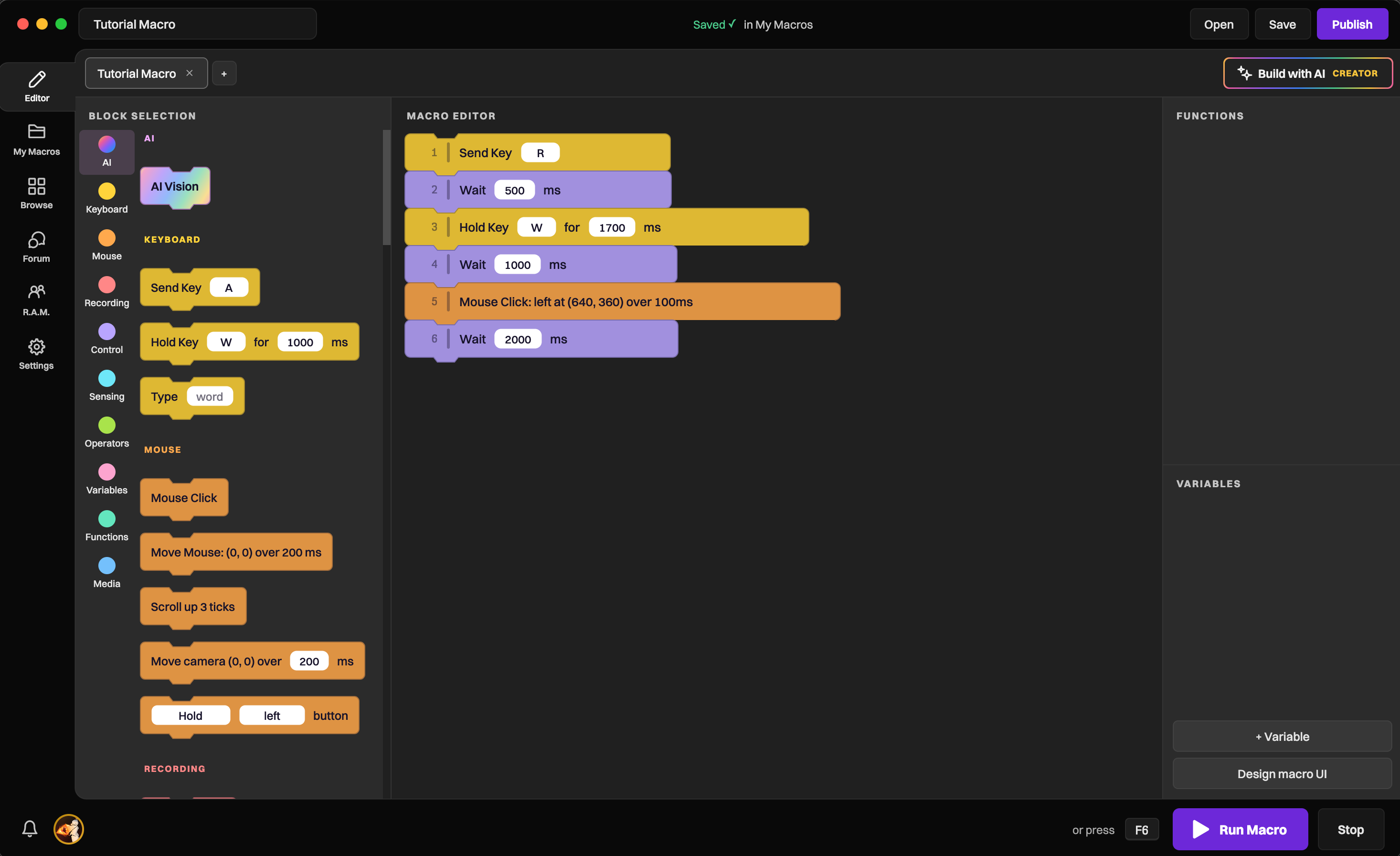 The RoMacro editor: a list of blocks on the left, the macro being built in the middle, functions and variables on the right