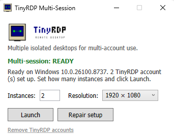 The TinyRDP app window showing Multi-session: READY